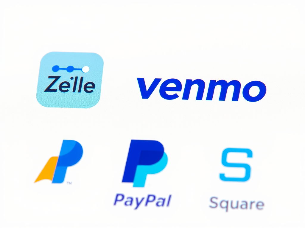 Logos of popular payment platforms including Zelle, Venmo, Square, and PayPal.
